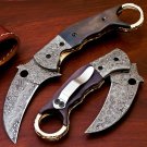8" Handmade Damascus Folding Pocket knife Karambit Knife Hunting knife Handle Camel Bone Handmade