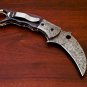 8" Handmade Damascus Folding Pocket knife Karambit Knife Hunting knife Handle Camel Bone Handmade