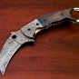 8" Handmade Damascus Folding Pocket knife Karambit Knife Hunting knife Handle Camel Bone Handmade