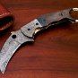 8" Handmade Damascus Folding Pocket knife Karambit Knife Hunting knife Handle Camel Bone Handmade