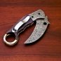 8" Handmade Damascus Folding Pocket knife Karambit Knife Hunting knife Handle Camel Bone Handmade