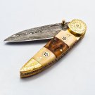 Handmade Damascus Folding Pocket knife Hunting knife 100% Handmade Damascus Steel Handle Ram Horn
