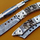 8.0" Handmade Damascus Folding Pocket knife Hunting knife 100% Handmade Damascus Steel Handle Ram