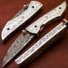 9'' Handmade Damascus Folding Pocket knife Hunting knife 100% Handmade Damascus Steel Handle Brass