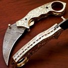 8.25'' Handmade Damascus Folding Pocket knife Karambit Knife Hunting knife Handle Brass Steel