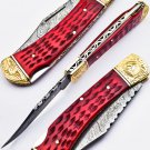 9'' Custom Hand Forged Damascus Folding Pocket Knife -BACK LOCK with Leather sheath 691