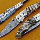 8.0" Handmade Damascus Folding Pocket knife Hunting knife 100% Handmade Damascus Steel Handle Ram