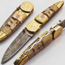 Handmade Damascus Folding Pocket knife Hunting knife 100% Handmade Damascus Steel Handle Ram Horn