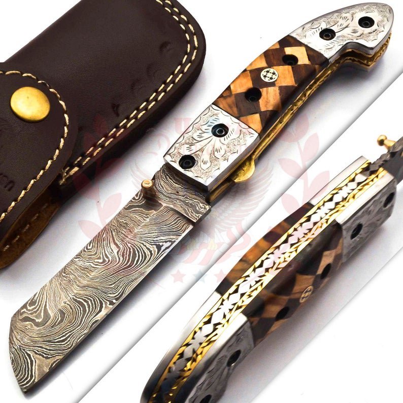 8.5'' Custom Hand Made Forged Folding Hunter Pocket Knife Damascus Steel Bowie Knife