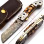 8.5'' Custom Hand Made Forged Folding Hunter Pocket Knife Damascus Steel Bowie Knife