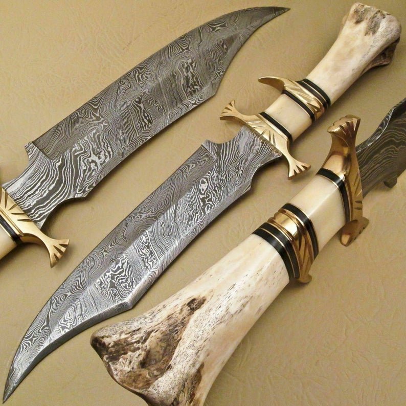 Custom Hand Made Forged Damascus Steel Hunting Bowie Knife Fixed Blade Leather Handle Camel Bone
