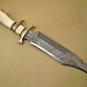Custom Hand Made Forged Damascus Steel Hunting Bowie Knife Fixed Blade Leather Handle Camel Bone