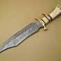 Custom Hand Made Forged Damascus Steel Hunting Bowie Knife Fixed Blade Leather Handle Camel Bone