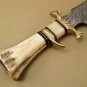 Custom Hand Made Forged Damascus Steel Hunting Bowie Knife Fixed Blade Leather Handle Camel Bone