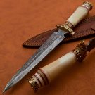 Custom Hand Made Forged Damascus Steel Hunting Bowie Knife Fixed Blade Leather Handle Camel Bone