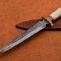 Custom Hand Made Forged Damascus Steel Hunting Bowie Knife Fixed Blade Leather Handle Camel Bone