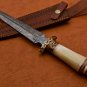 Custom Hand Made Forged Damascus Steel Hunting Bowie Knife Fixed Blade Leather Handle Camel Bone