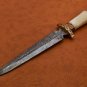Custom Hand Made Forged Damascus Steel Hunting Bowie Knife Fixed Blade Leather Handle Camel Bone
