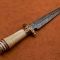 Custom Hand Made Forged Damascus Steel Hunting Bowie Knife Fixed Blade Leather Handle Camel Bone