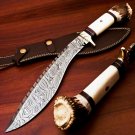handmade Damascus Steel Hunting knife Handle made by Deer Antler with leather Sheath 964