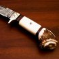 handmade Damascus Steel Hunting knife Handle made by Deer Antler with leather Sheath 964