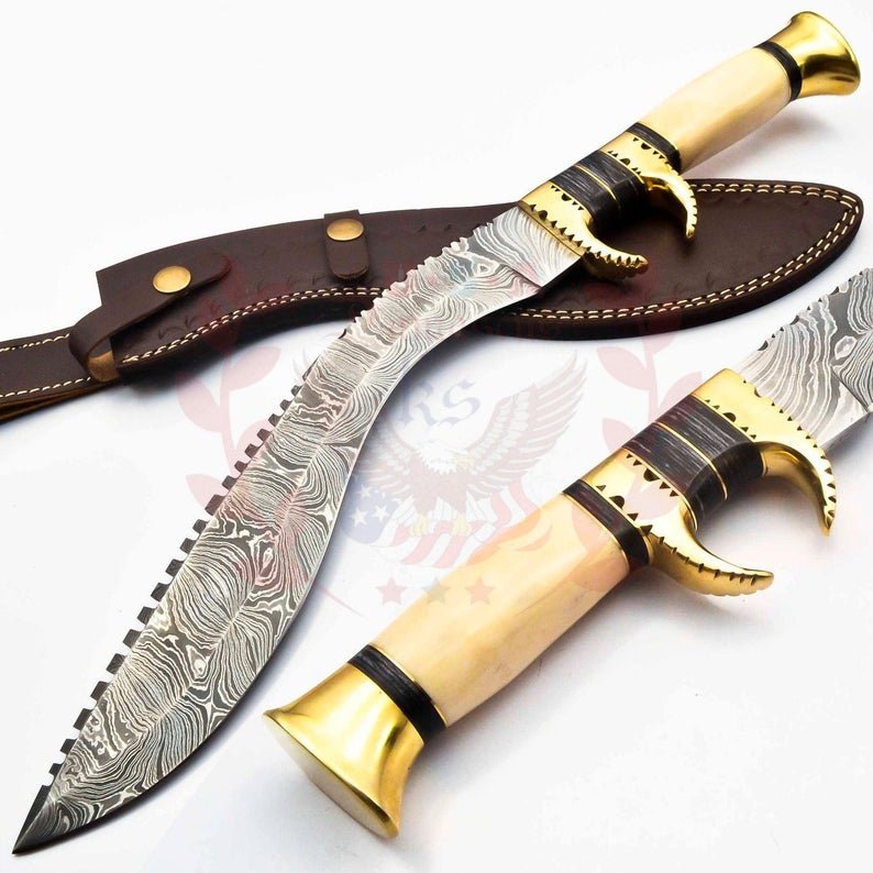 16'' Custom Hand Made Forged Hunter Knife Damascus Steel Handle with Buffalo Bone With Leather