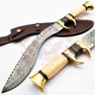 16'' Custom Hand Made Forged Hunter Knife Damascus Steel Handle with Buffalo Bone With Leather