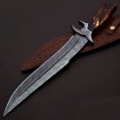 Custom Hand Made Forged Damascus Steel Hunting Bowie Knife Fixed Blade Leather