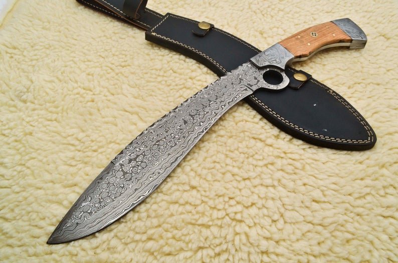 Custom Hand Made Forged Knife Damascus Steel Knife Handle Kow Wood With Leather Sheath 477