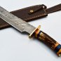 handmade Damascus Steel Hunting knife Handle Deer Antler with leather Sheath