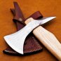 Custom Hand Made Forged D2 Steel Hunting Axe Fixed Blade Leather Handle Wood With Leather Sheath 120