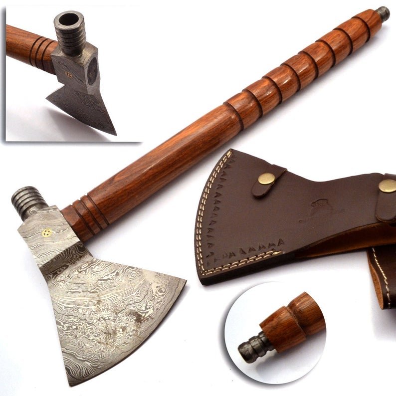 Custom Hand Made Forged Damascus Steel Hunting Axe Fixed Blade Leather Handle Wood