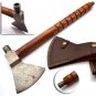 Custom Hand Made Forged Damascus Steel Hunting Axe Fixed Blade Leather Handle Wood
