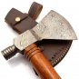 Custom Hand Made Forged Damascus Steel Hunting Axe Fixed Blade Leather Handle Wood