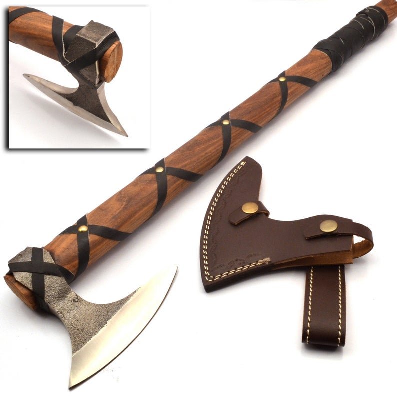Custom Hand Made Carbon Steel Hunting Axe Fixed Blade Leather Handle Walnut Wood
