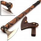 Custom Hand Made Carbon Steel Hunting Axe Fixed Blade Leather Handle Walnut Wood
