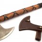Custom Hand Made Carbon Steel Hunting Axe Fixed Blade Leather Handle Walnut Wood