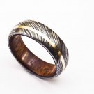 Damascus Steel Ring - Whiskey Barrel Wood Ring Mens Wedding Band - Damascus Ring