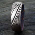 Damascus Steel Ring Band inner Shall Blue Carbon Fiber Custom Width Handmade Damascus Ring