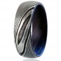 Damascus Steel Ring Band inner Shall Blue Carbon Fiber Custom Width Handmade Damascus Ring