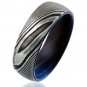 Damascus Steel Ring Band inner Shall Blue Carbon Fiber Custom Width Handmade Damascus Ring