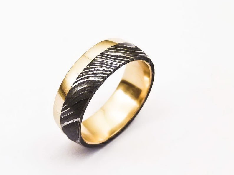 Damascus Steel Ring Band Custom Width Handmade Damascus Ring inner and Outer Brass Shall Men