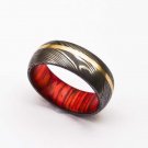 Damascus Steel Ring Band Brass Outer Liner Wood Shall Custom Width Handmade Damascus Ring