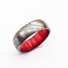 Damascus Steel Ring - Whiskey Barrel Wood Ring Mens Wedding Band - Damascus Ring Wood