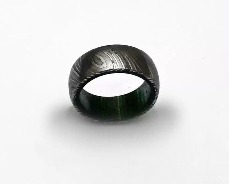 Damascus Steel Ring - Whiskey Barrel Wood Ring Mens Wedding Band - Damascus Ring Wood