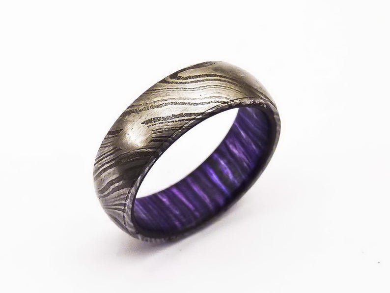 Damascus Steel Ring - Whiskey Barrel Wood Ring Mens Wedding Band - Damascus Ring Wood