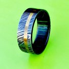 Damascus Steel Ring Band Whiskey Barrel Wood Shall Gold Inlay Handmade Damascus Ring Men