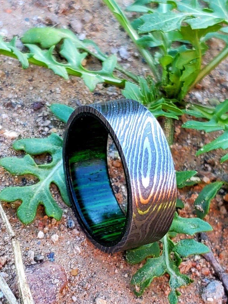 Damascus Steel Ring Band Walnut Wood Shall Custom Width Handmade Damascus Ring Men