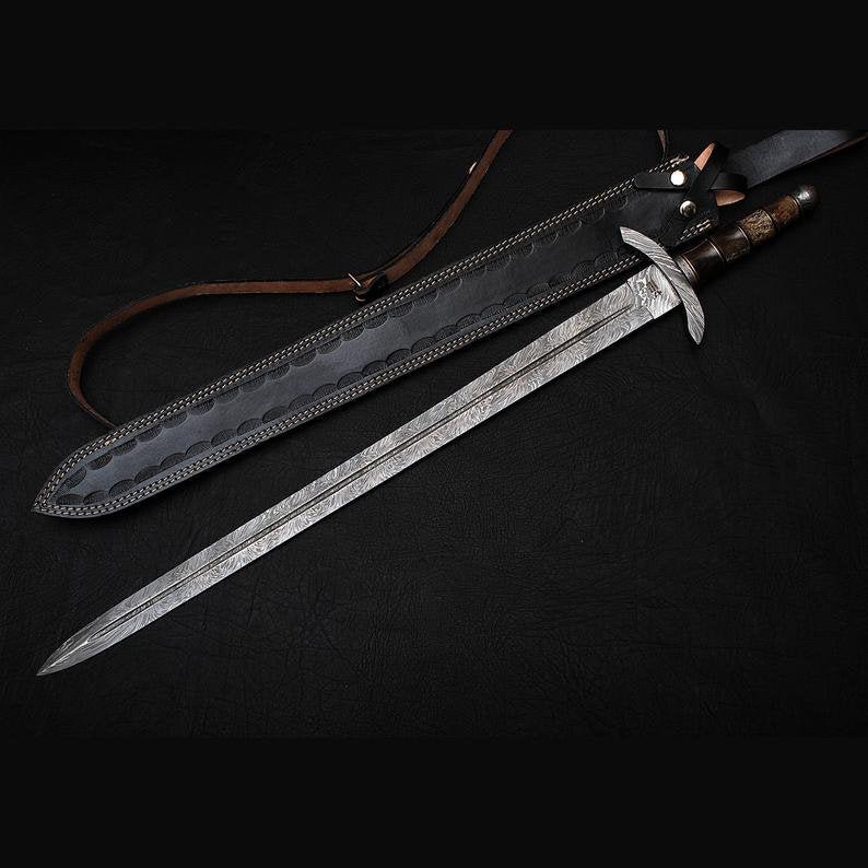 30.5" Custom Hand Made Forged Damascus steel SWORD Handle NORMAN SWORD With Leather Sheath
