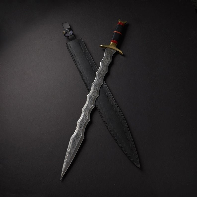 28.5" Custom Hand Made Forged Damascus steel SWORD Handle with Bull Horn With Leather Sheath